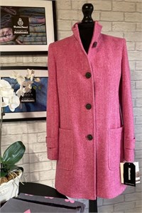 Ladies Herringbone Wool Funnel Neck Coat, Hot Pink