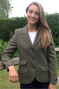 Ladies Herringbone Wool Tailored Jacket, Loden Green