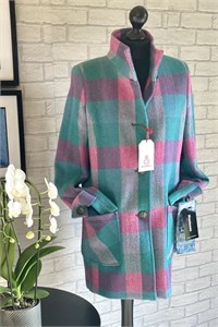 Ladies Tweed Funnel Neck Coat, Cerise and Sea Grass