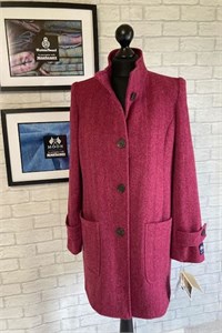 Ladies Herringbone Wool Funnel Neck Coat, Raspberry